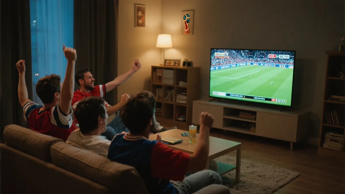 客厅内球迷在电视前回看世界杯全场录像